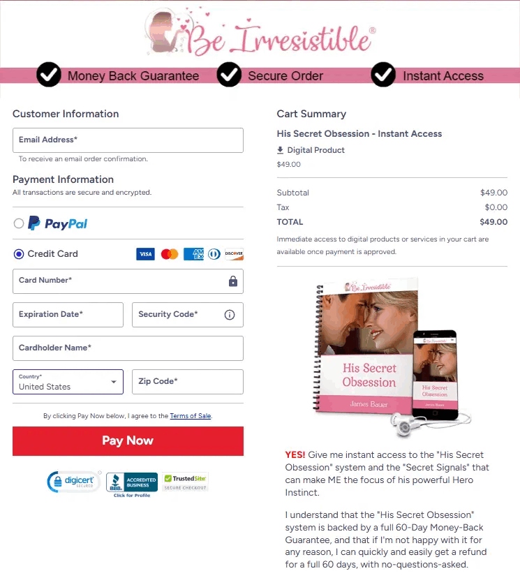 His Secret Obsession secure checkout — ClickBank SSL protected payment
